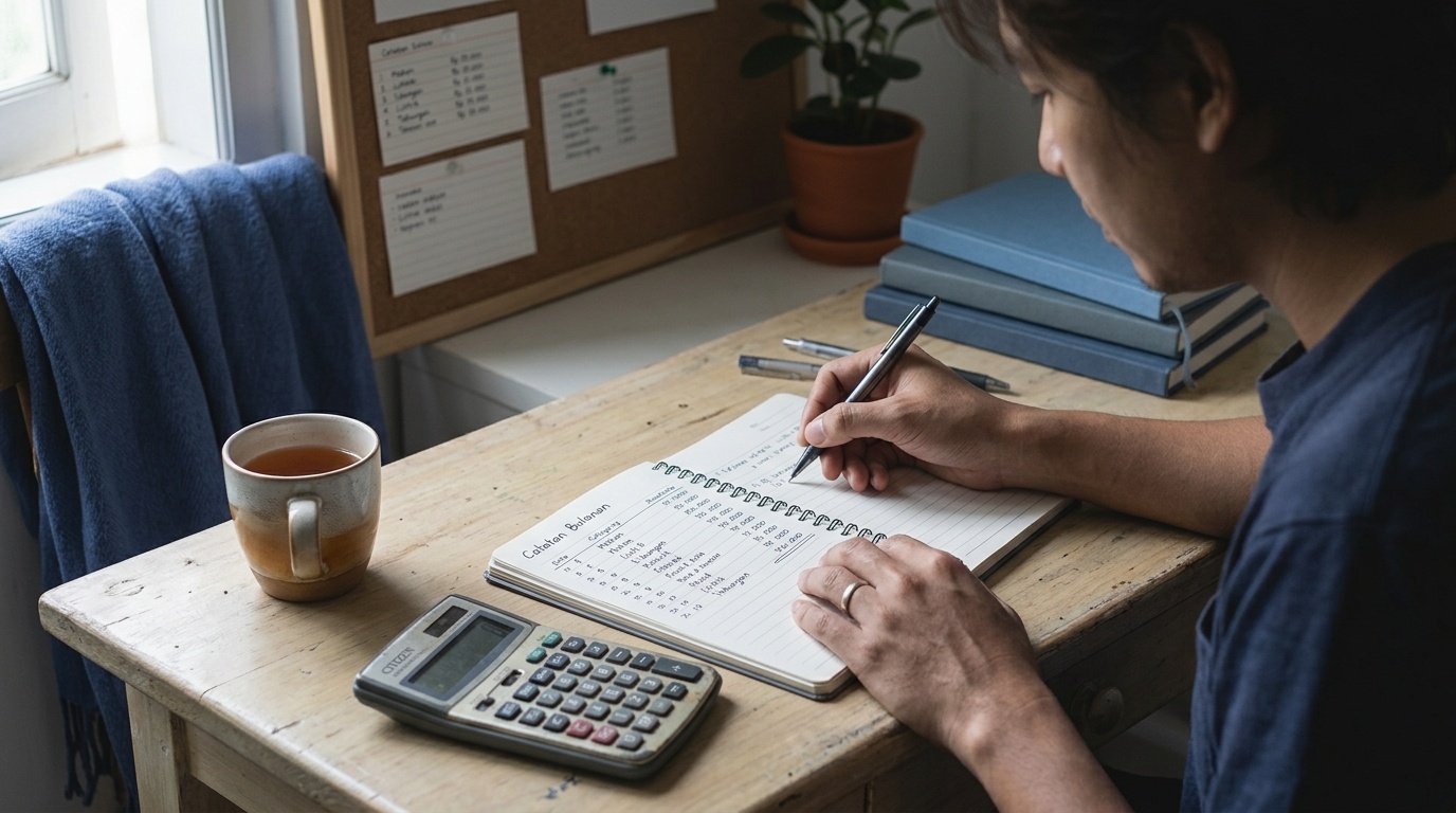 Suasana membaca catatan keuangan dengan nuansa indigo