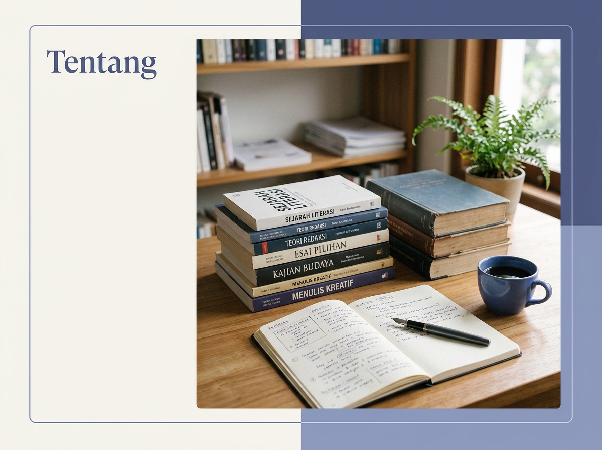 Meja redaksi Ruang Literasi Saham dengan tumpukan referensi
